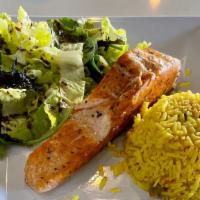 Salmon · Grilled salmon served with rice & salad.
