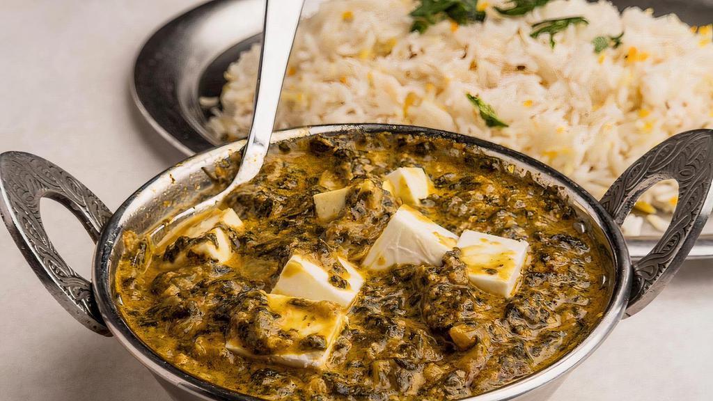 Saag Paneer · Tender chunks of homemade cheese made in a homemade creamed spinach which has been lightly seasoned.