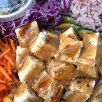 Vegan Glow · Rice & Mixed Greens; Tofu x2;  Mix-ins: carrots, cucumbers, edamame, pickled ginger, seaweed...