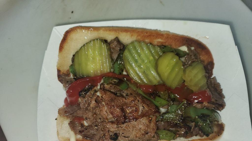 Daddyz Philly Steak Sandwich · (Bell pepper & onions, white cheese or yellow cheese if specified, pickles, peppers, mayo)