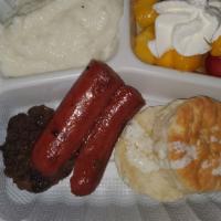 Breakfast Plate #1 · Biscuit, sausages (link and patty), eggs, grits, and fruit