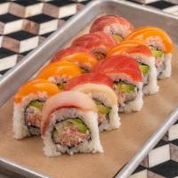 Rainbow Roll · Tuna, yellowtail, salmon, crab, avocado, cucumber
