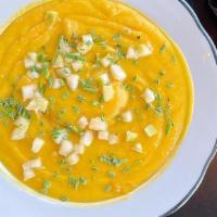 Butternut Squash Soup · Green apple, chives, and olive oil with roasted butternut squash and sweet potatoes