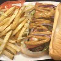 Chicken Kafta Sandwich · Ground chicken or beef kafta on a hoagie with lettuce, tomatoes, onions and our chipotle sau...
