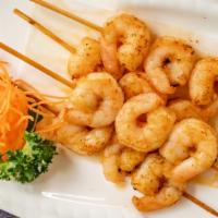Spicy Shrimp Skewers · Skewered & seasoned grilled shrimp.