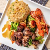 Hibachi Lobster Tail & Steak · Included house salad, clear soup, hibachi shrimp (2 pcs), and hibachi vegetables, with fried...