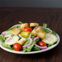 Italian Table Salad Small · Romaine lettuce salad, cherry tomatoes, red onions, cucumber, pepperoncini, and croutons.