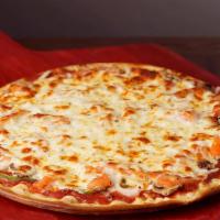 Vegetarian Deluxe Pizza · A garden-fresh delight with mushroom, onion, green pepper and fresh tomato.