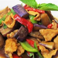Spicy Eggplant · Your choice of meat, stir-fried with eggplant, bell peppers, and basil leaves in a sweet bro...