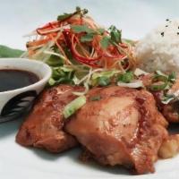 Grilled Chicken · Marinated chicken thighs on top of rice served with Thai spicy sauce and rice.