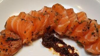 Salmon Grilled · Seven oz, Scottish salmon, orange confit, medium cook recommend!