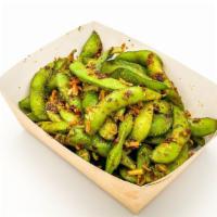 Garlic Chili Edamame - Gf V · steamed young soybeans with garlic-chili sauce and crispy shallots. Gluten-free. Vegan.