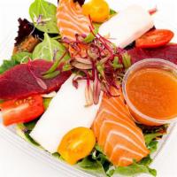 Sashimi Salad - Gf · RAW. tuna, salmon, escolar, mixed greens, daikon, cabbage, beets, carrots; side of ginger to...