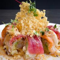Muse · RAW. tuna, salmon, white fish shrimp, soft-shell crab, cucumber, avocado, tempura crunch; si...