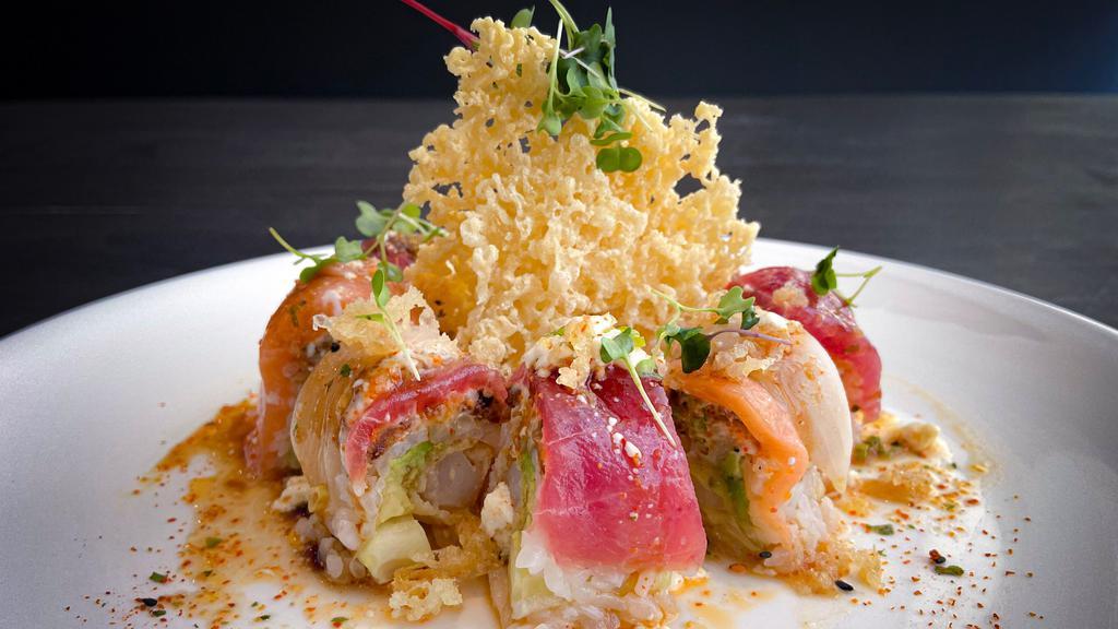Muse · RAW. tuna, salmon, white fish shrimp, soft-shell crab, cucumber, avocado, tempura crunch; side of spicy spicy ponzu & teriyaki sauce