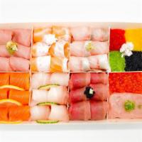 Chef'S Ultimate Sashimi Box · raw. 36 piece sashimi: 6 toro, 6 hon maguro, 6 kanpachi, 6 shiva aji, 6 king salmon, 6 sake-...