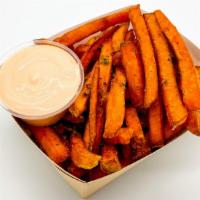 Sweet Potato Fries - V* Gf* · sweet potato fries; side of fancy sauce. Vegan and gluten-free if sauce is not consumed