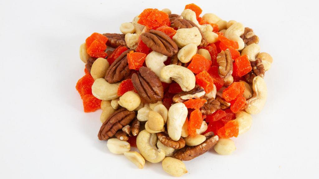Mango Tango (1 Pound) · Wheat Free. Vegan. Soy Free. Dairy Free. Pecans, salted and roasted cashews, roasted and salted blanched peanuts, and dried mangos.