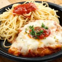 Chicken Parmigiana & Pasta · Breaded chicken topped with mozzarella, with a side of spaghetti marinara.