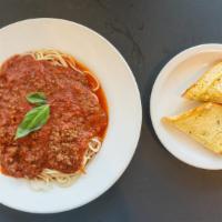 Spaghetti With Meat Sauce · Long thing pasta. all pasta is served with a pcs of garlic bread.