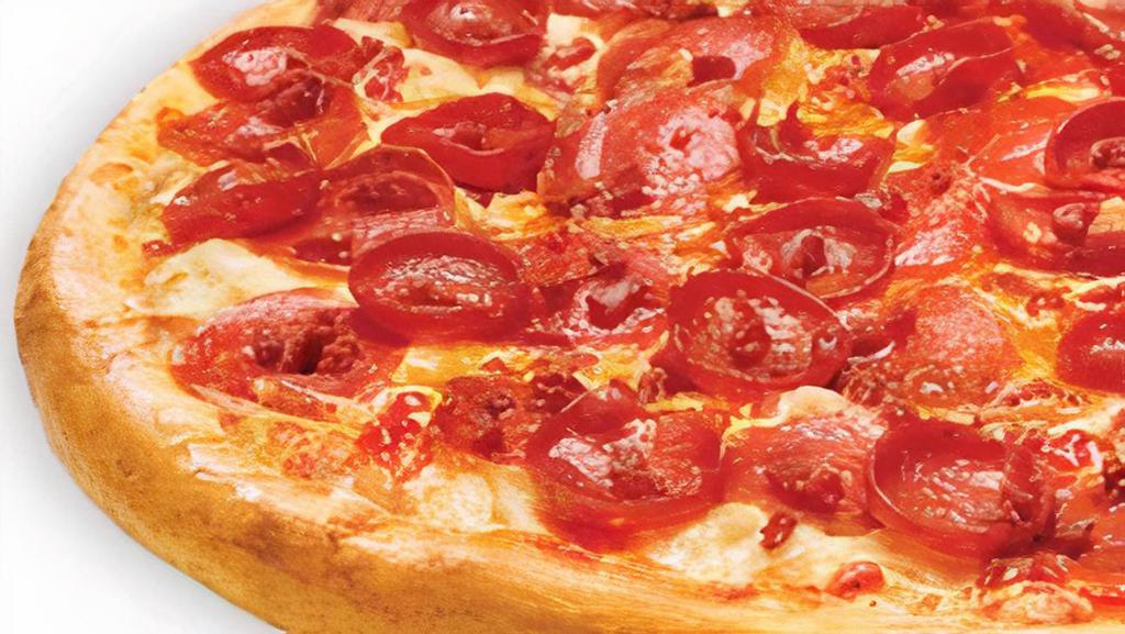 Ragin Pepperoni Pizza · Homemade pizza sauce topped with 100% real Wisconsin mozzarella cheese, pepperoni, old school pepperoni and diced pepperoni.