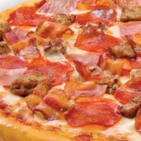 Meat Topper Pizza · Homemade pizza sauce topped with 100% real Wisconsin mozzarella cheese, pepperoni, Canadian ...
