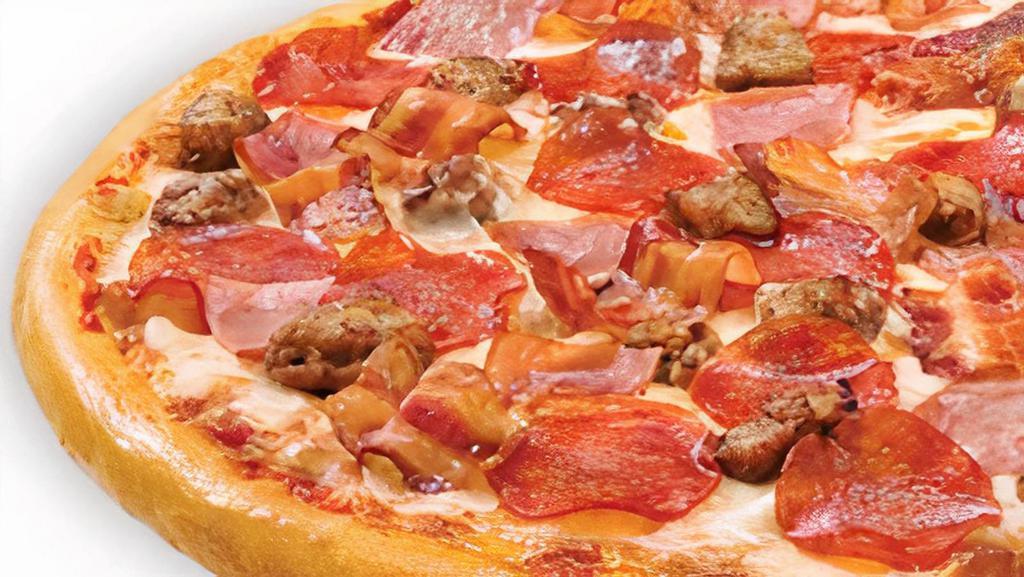 Meat Topper Pizza · Homemade pizza sauce topped with 100% real Wisconsin mozzarella cheese, pepperoni, Canadian bacon, hand-pinched Italian sausage and applewood smoked bacon.