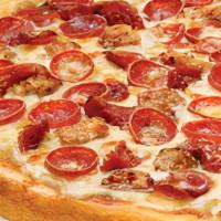 Old School Pepperoni And Sausage Pizza · Homemade pizza sauce, mozzarella cheese, thick-cut spicy pepperoni, hand-pinched Italian sau...