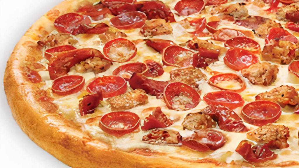 Old School Pepperoni And Sausage Pizza · Homemade pizza sauce, mozzarella cheese, thick-cut spicy pepperoni, hand-pinched Italian sausage and garlic-roasted tomatoes.
