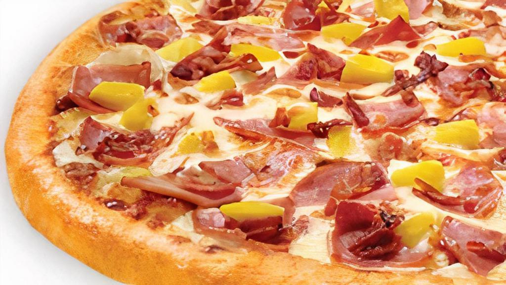 Maui Topper Pizza · Semi-sweet BBQ sauce topped with 100% real Wisconsin mozzarella cheese, Canadian bacon, pineapple and applewood smoked bacon.