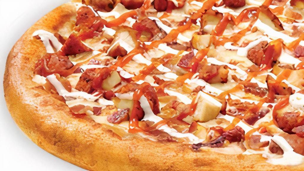 Buffalo Chicken Topper Pizza · Mild buffalo ranch sauce topped with 100% real Wisconsin mozzarella cheese, applewood smoked bacon, diced buffalo chicken and finished with a drizzle of mild buffalo sauce and ranch.