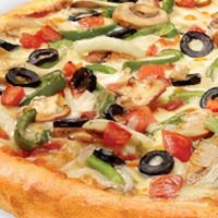 Veggie Classic Pizza · Homemade pizza sauce topped with 100% real Wisconsin mozzarella cheese, green peppers, mushr...