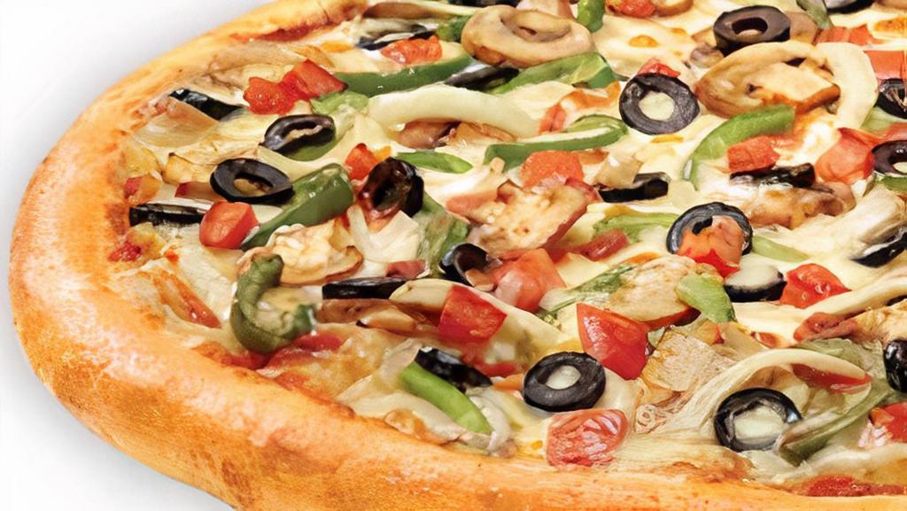Veggie Classic Pizza · Homemade pizza sauce topped with 100% real Wisconsin mozzarella cheese, green peppers, mushrooms, black olives, tomatoes and onions.