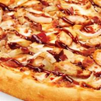 Smoky Bbq Chicken Pizza · Chicken, onions, applewood smoked bacon, smoky BBQ sauce topped with pepper jack, mozzarella...