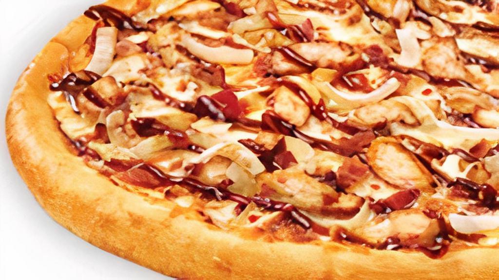 Smoky Bbq Chicken Pizza · Chicken, onions, applewood smoked bacon, smoky BBQ sauce topped with pepper jack, mozzarella, and drizzled with more BBQ sauce.