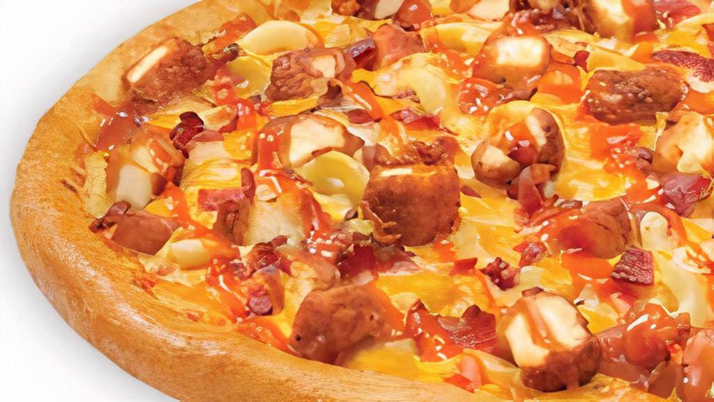 Buffalo Chicken Mac N Cheese Pizza · Creamy cheese sauce layered with macaroni noodles, and topped with 100% real Wisconsin mozzarella cheese, cheddar cheese, diced buffalo chicken, applewood smoked bacon and drizzled with mild buffalo sauce.