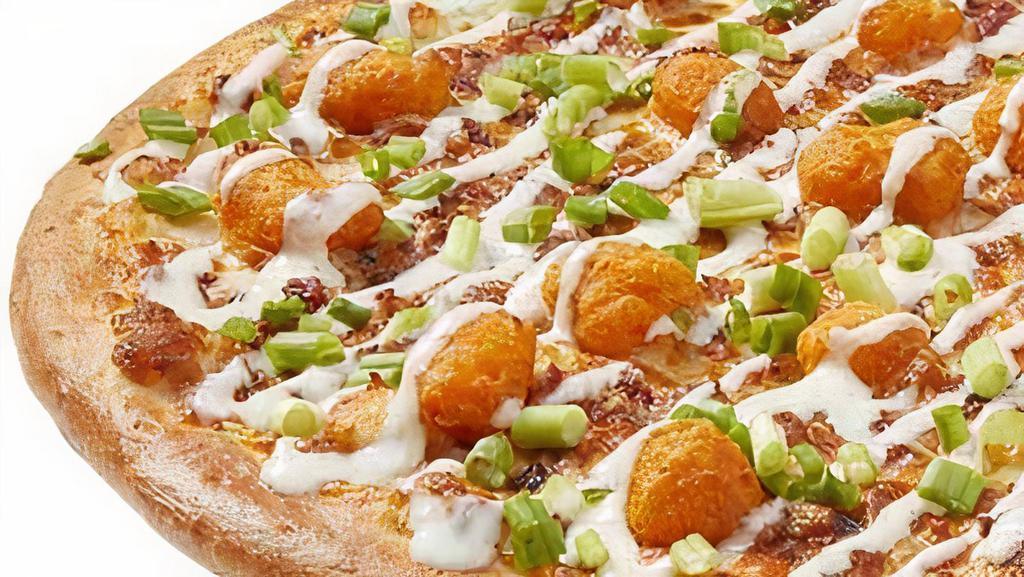 Wisconsin Curds N Bacon Pizza · Ranch sauce topped with 100% real Wisconsin mozzarella cheese, Leinie's beer battered cheese curds, applewood smoked bacon, green onions, and drizzled with ranch sauce.