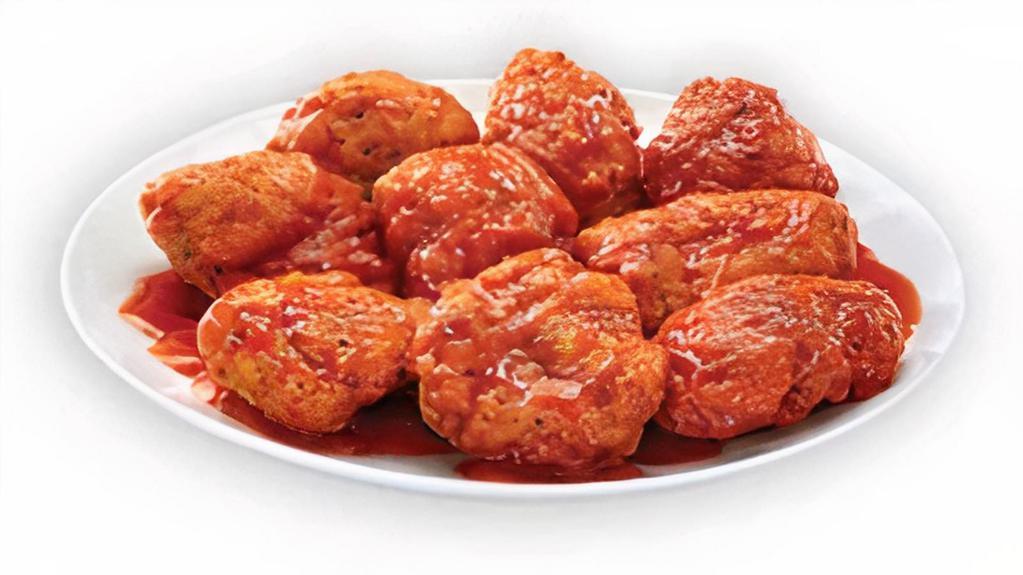 Mild Buffalo Boneless Wings · Our tender boneless wings; breaded, oven-roasted, and then tossed in mild buffalo sauce. It is sniffles hot, but not tears in your eyes hot.