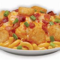 Loaded Tater Mac Mac N Cheese · Our 3-Cheese Wisconsin Mac topped with tater tots, applewood smoked bacon, and green onions.