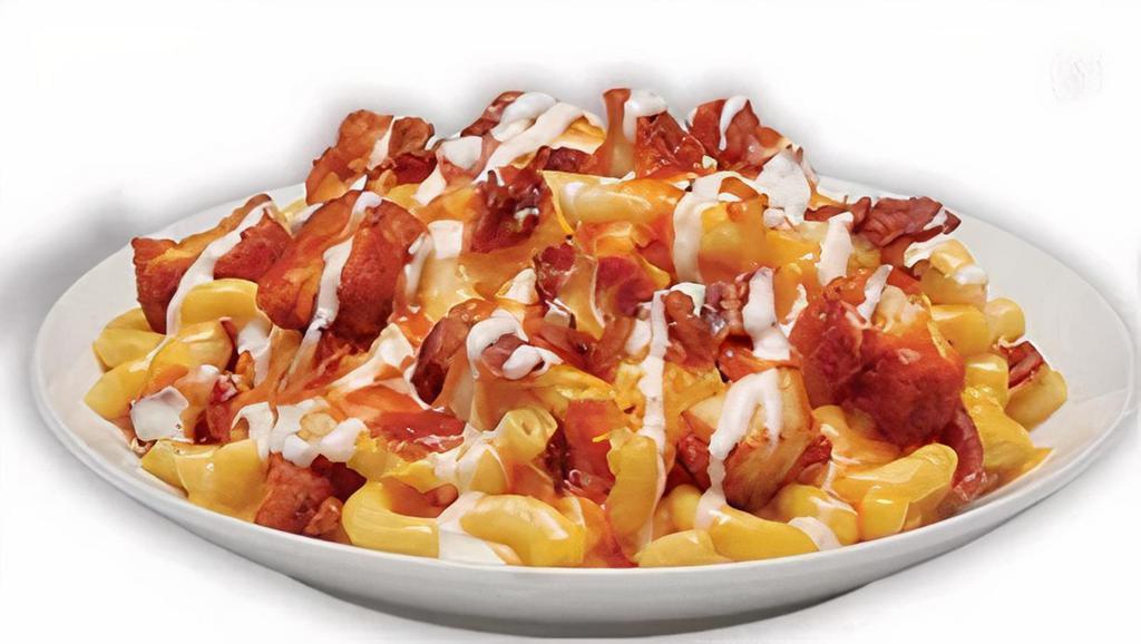 Buffalo Chicken Mac Mac N Cheese · Our 3-Cheese Wisconsin Mac topped with diced buffalo chicken, applewood smoked bacon, and drizzled with mild buffalo and ranch sauce.