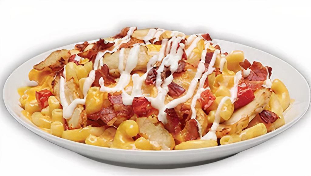 Cbr Mac Mac N Cheese · Our 3-Cheese Wisconsin Mac topped with sliced grilled chicken, applewood smoked bacon, diced tomatoes, and drizzled with ranch sauce.