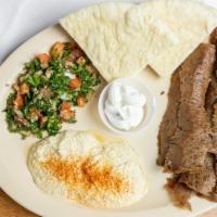 Gyro Platter · Halal. Comes with rice, pita bread, and skewers of roasted vegetables with tzatziki sauce.