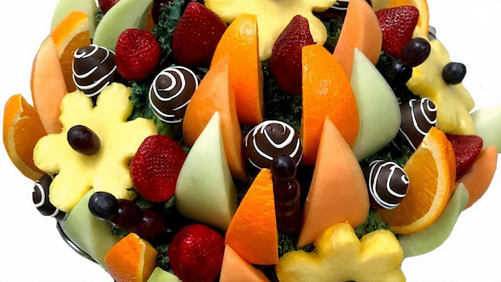 Love You Fruit Bouquet · Mix of strawberries, melon, grapes and more surrounding dipped and decorated pineapples.
