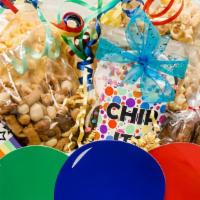 Happy Birthday Gift Basket · Confetti popcorn, happy birthday trail mix, sweet treat bag of candies and chocolate-dipped ...