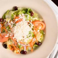 Greek Salad · Romaine lettuce, kalamata olives, tomatoes, shredded carrots, onions and Feta cheese.