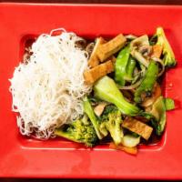 Buddha Delight · Broccoli, snow peas, mushroom, bok choy, onion, carrot and tofu stir-fried with brown mushro...