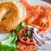 Lox Bagel · Lox, cream cheese, tomato, onions and capers (not served with chips).