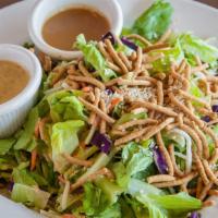 Crunchy Oriental Salad · Romaine lettuce, carrots, red and green cabbage, sesame seeds and crispy noodles dressed wit...