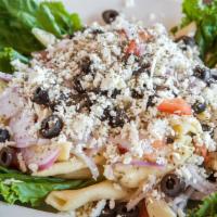 Greek Cold Pasta Salad · Penne pasta, chopped tomatoes, sliced black olives, red onions and feta cheese tossed with a...