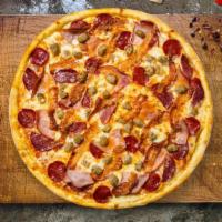 Meat Your Lover Pizza · Canadian bacon, pepperoni, hamburger, and sausage baked on a hand-tossed dough.